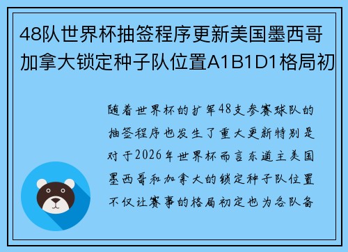 48队世界杯抽签程序更新美国墨西哥加拿大锁定种子队位置A1B1D1格局初定